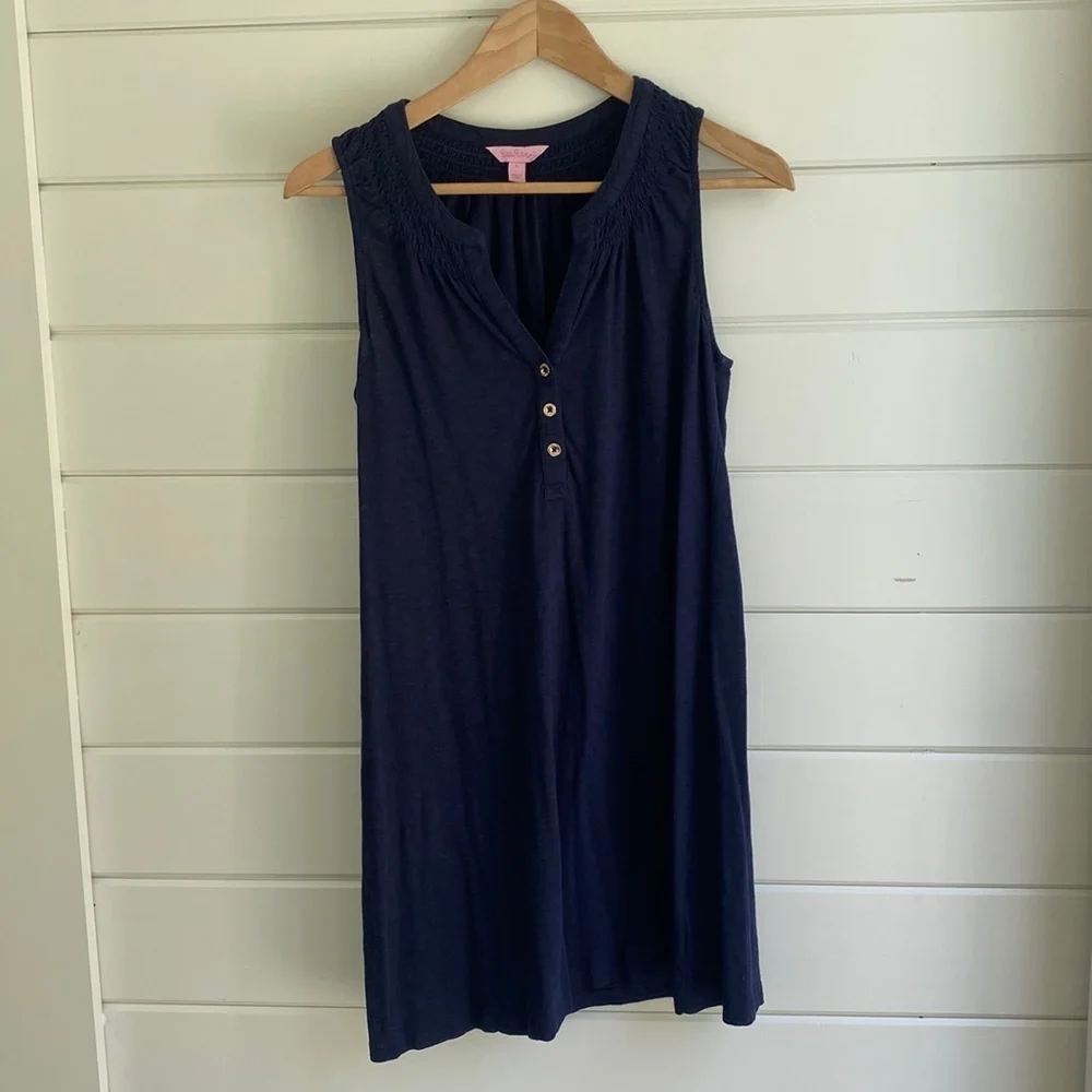 Lilly Pulitzer | Navy Blue Sleeveless Dress with Open Neck Buttons | Great Condi - Picture 2 of 5